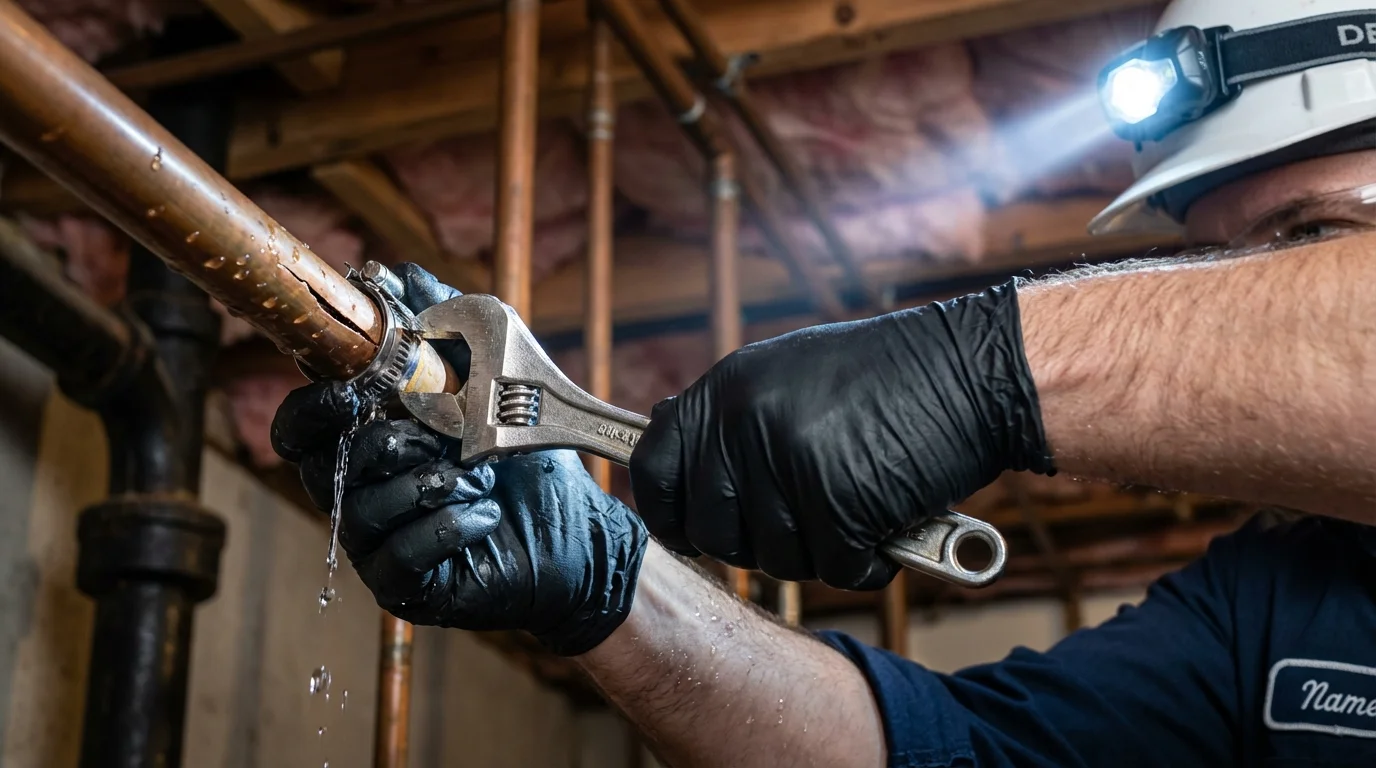 Emergency pipe clamp repair being performed by a Johns Plumbing LLC plumber in Robert Lee