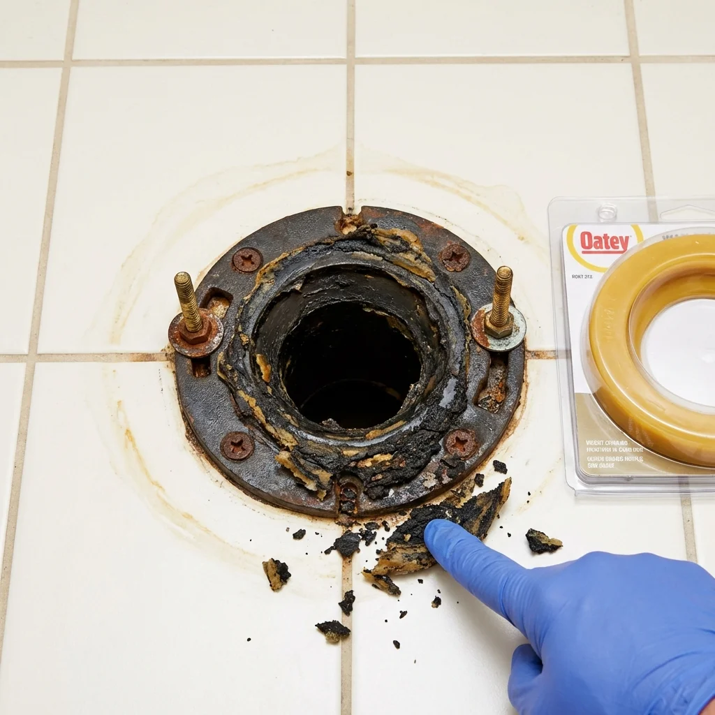 Failed wax ring showing water seepage at the base of a toilet in a Robert Lee, TX home