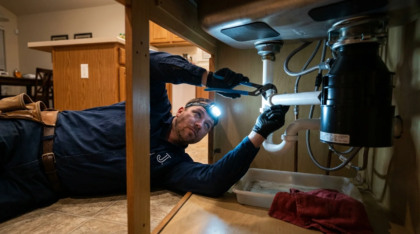 P-trap and supply line connections under a kitchen sink showing a common leak point in Robert Lee, TX